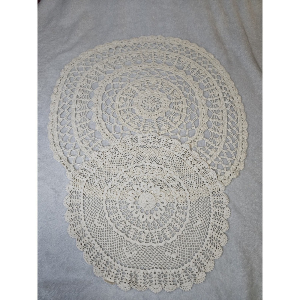 Vintage Handmade Crocheted Doily Lot of 2 White Lace Round Jumbo 18in and 12in